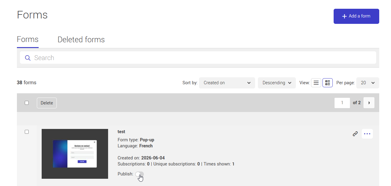 publish or unpublish your form from the forms' listing